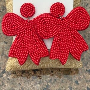 Red Beaded Bow Earrings NEW
